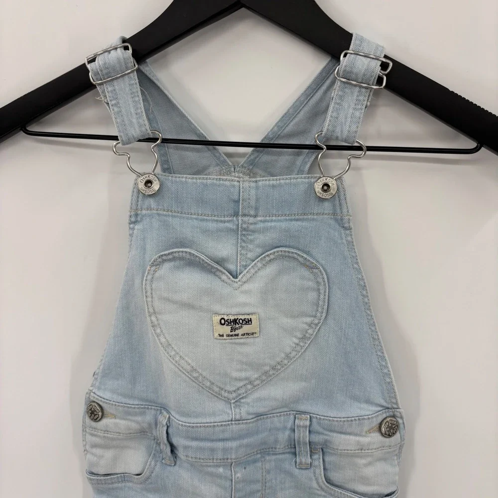 OshKosh Denim Overall Skirt Kids 5T Light Blue Heart Pocket Frayed Hem Cute Boho